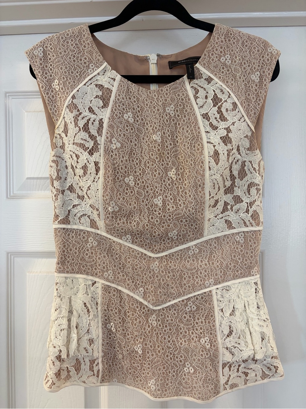 BCBGMaxAzria Blush and Ivory Lace Peplum Top